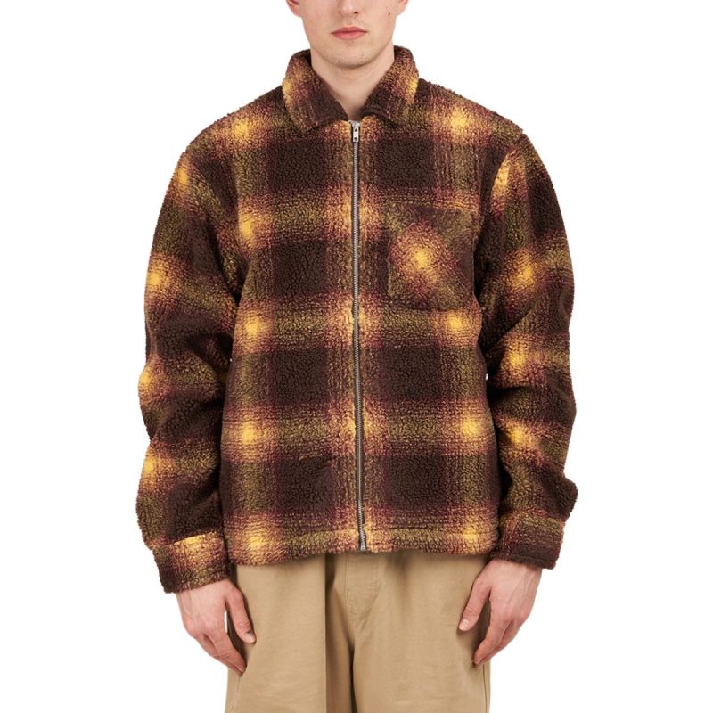 stussy shadow plaid sherpa zip shirt braun 576463