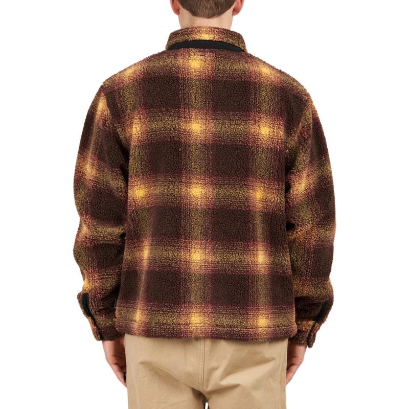 stussy shadow plaid sherpa zip shirt braun 823302